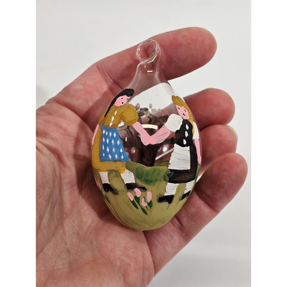 VINTAGE Blown Glass Hand Painted Maiden Friends Christmas Tree Ornament EUC